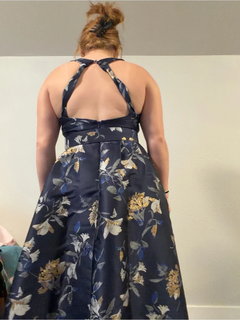 1901 Navy Floral V-Neck Belted Maxi Dress with Gold Accents